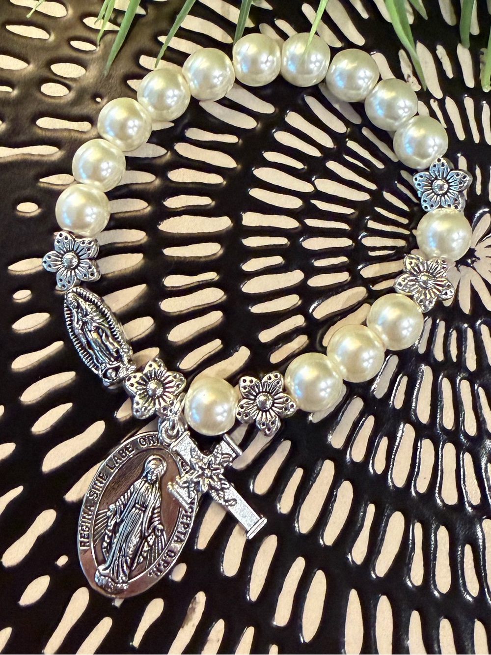 Pearl Bead Religious Charm Bracelet with Silver Accents